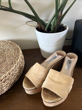 Jimmy Choo Tan Suede Platform Mules